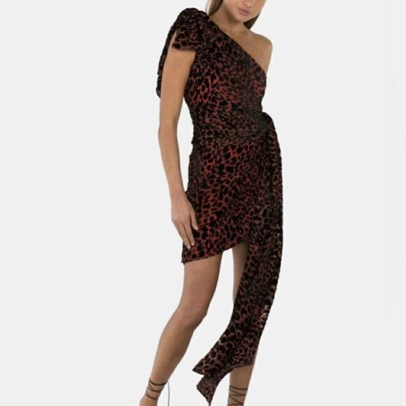 NWT Misha Collection Moxie Women’s Red Leopard One Shoulder Tie Dress Size 6 - Picture 1 of 7